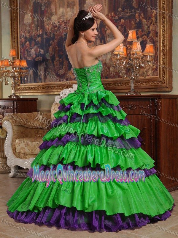 Green Floor-length Taffeta and Organza Beaded Quinceanera Dress in Chantilly