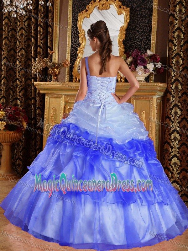 One Shoulder Floor-length Organza Appliqued Sweet 15 Dresses with Beading in Logan