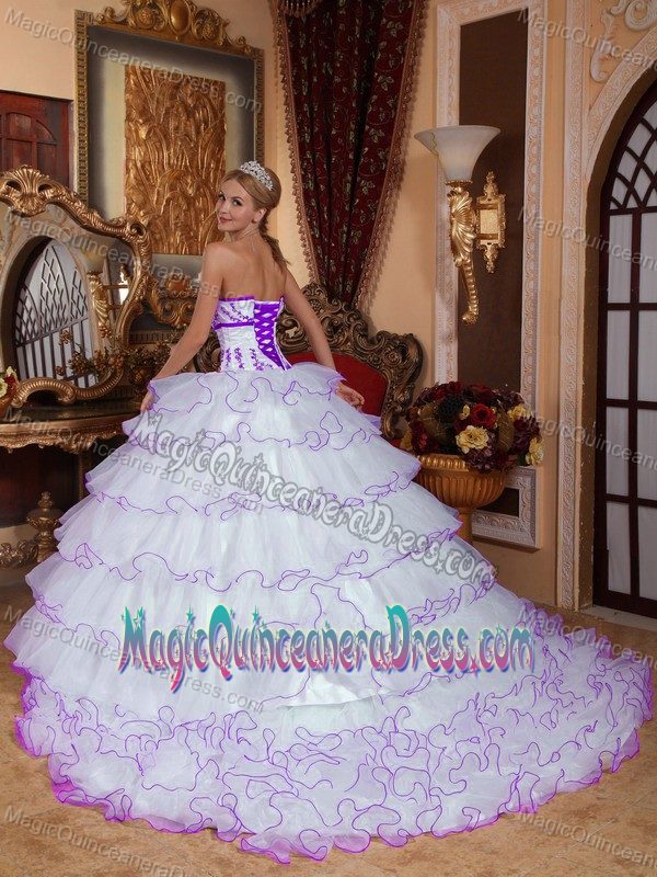 White Strapless Organza Appliqued Quince Dress with Detachable Train in Racine