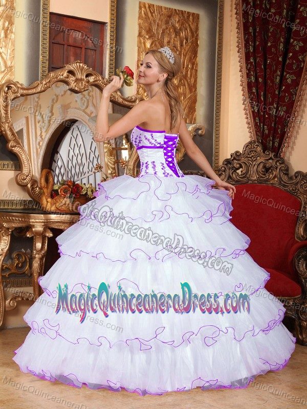 White Strapless Organza Appliqued Quince Dress with Detachable Train in Racine
