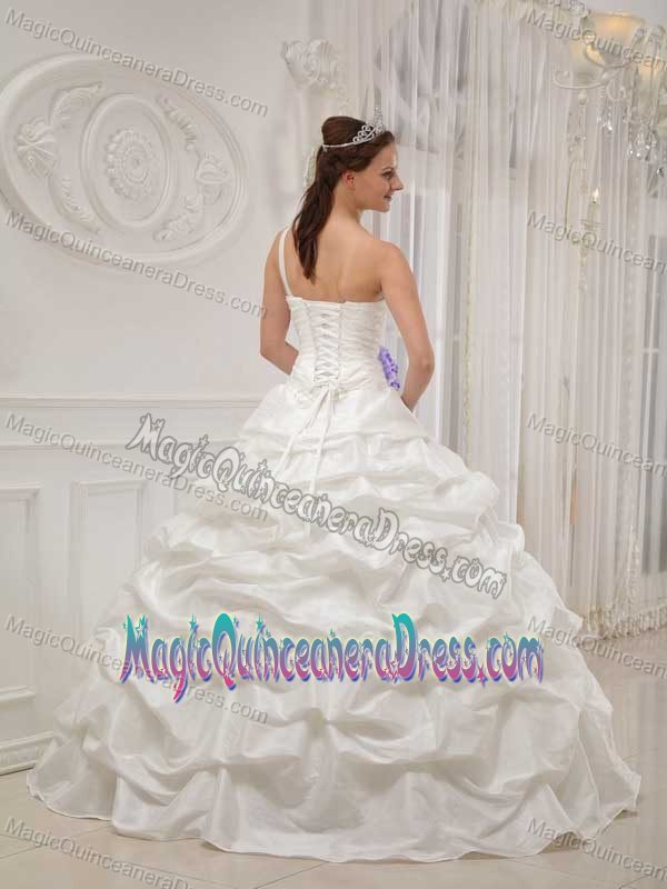 One Shoulder Taffeta Beaded White Quinceanera Dress with Hand Flowers in Seattle