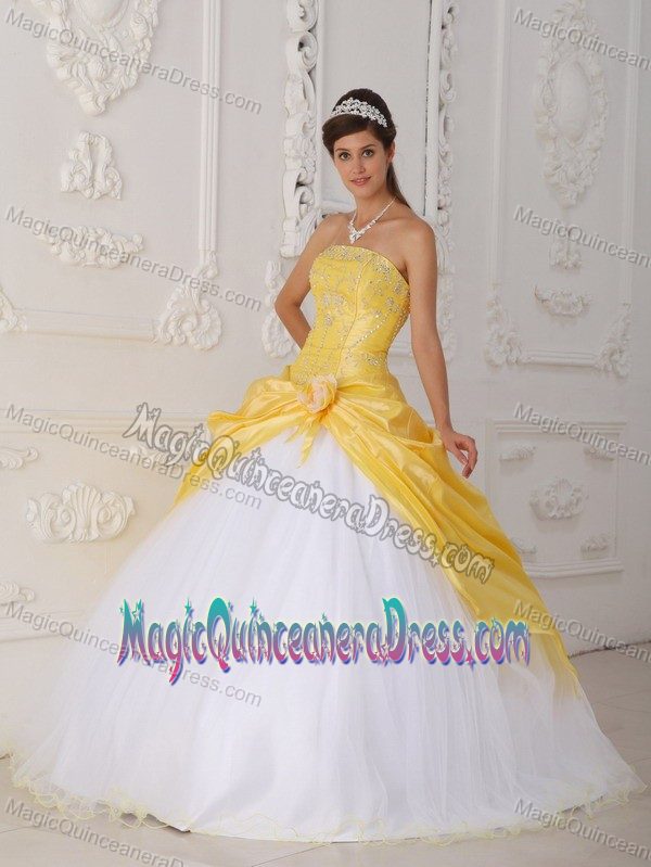 Yellow and White Strapless Appliqued Quince Dress with Hand Flower in Kent