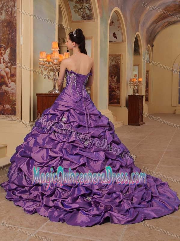 Purple Strapless Taffeta Quince Dress with Court Train and Pick-ups in Kent