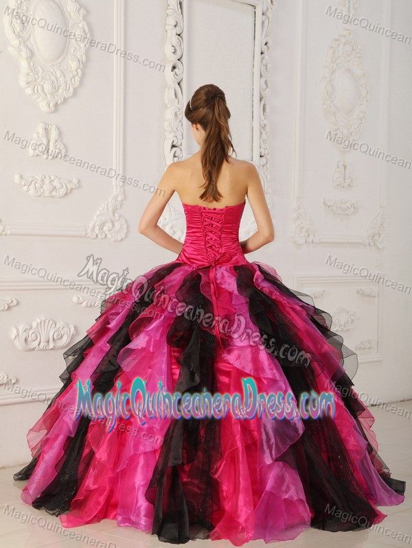 Multi-colored Strapless Organza Appliqued Quince Dress with Ruffles in Olympia