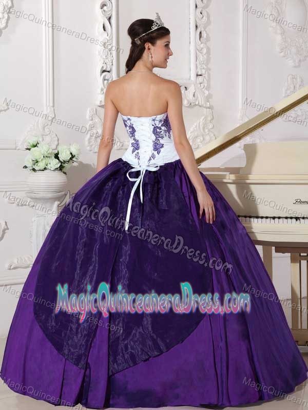White and Eggplant Purple Sweetheart Taffeta Embroidered Quince Dress in Kent