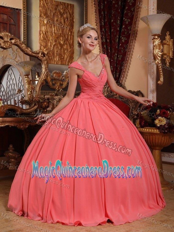 Watermelon V-neck Floor-length Chiffon Beaded Quinceanera Dress in Issaquah