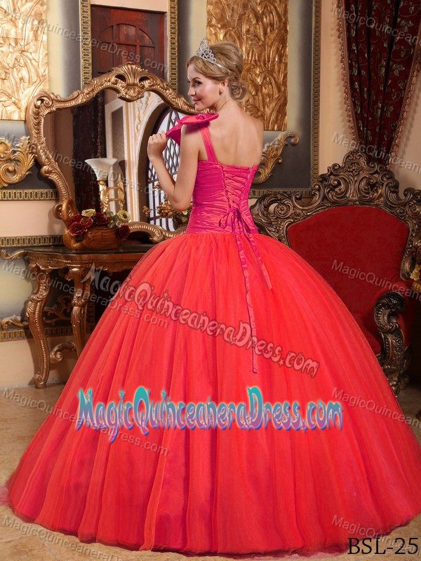 One Shoulder Floor-length Tulle Beaded Quinceanera Dress in Coral Red in Auburn