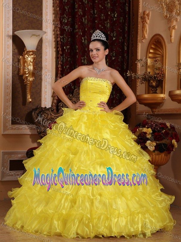 Yellow Strapless Organza Quinceanera Gown Dress with Beading in Columbia