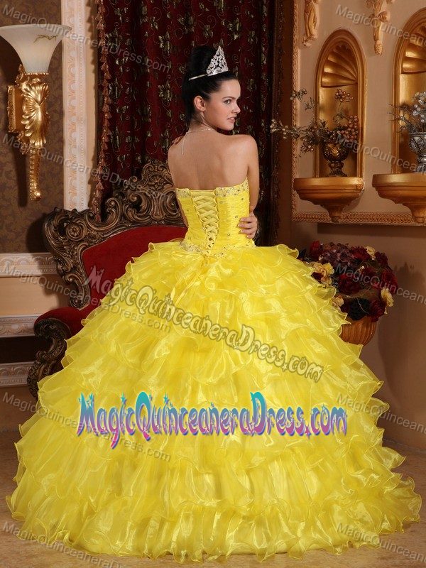 Yellow Strapless Organza Quinceanera Gown Dress with Beading in Columbia