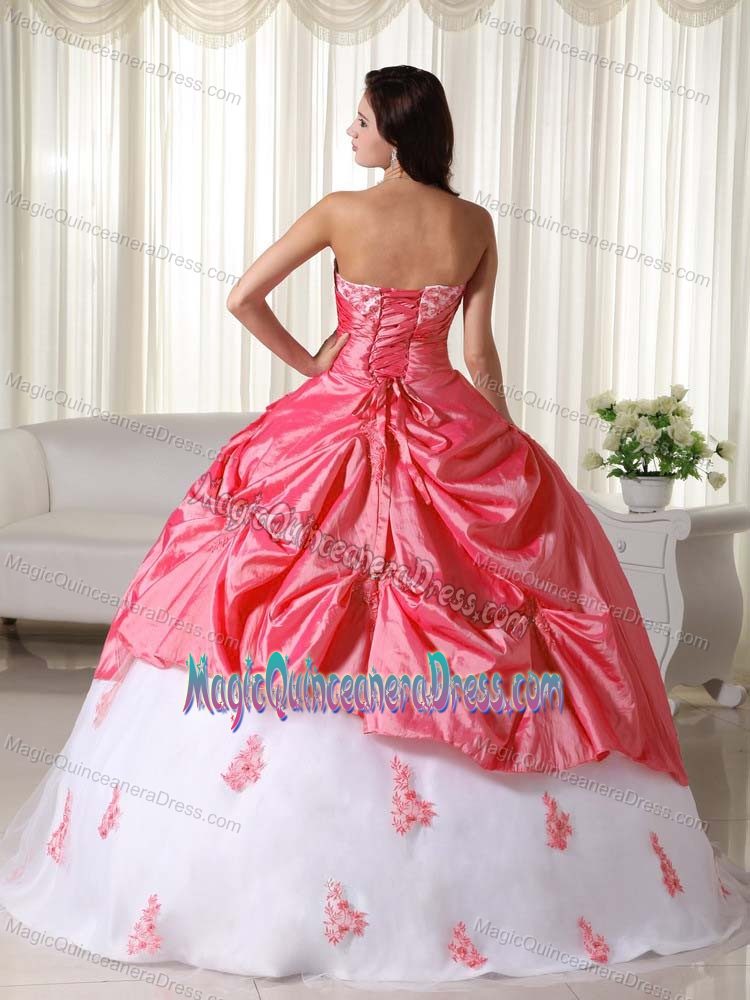 Watermelon and White Sweetheart Taffeta Quinceanera Dress with Appliques