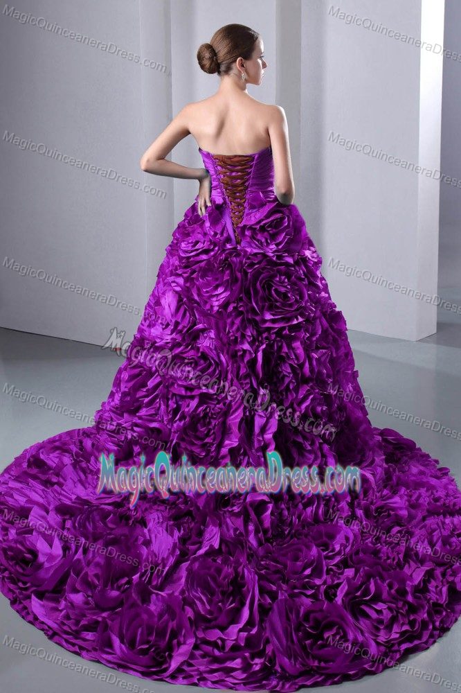 Sweetheart Ruched Hand Flowery Purple Quinceanea Dress with Brush Train