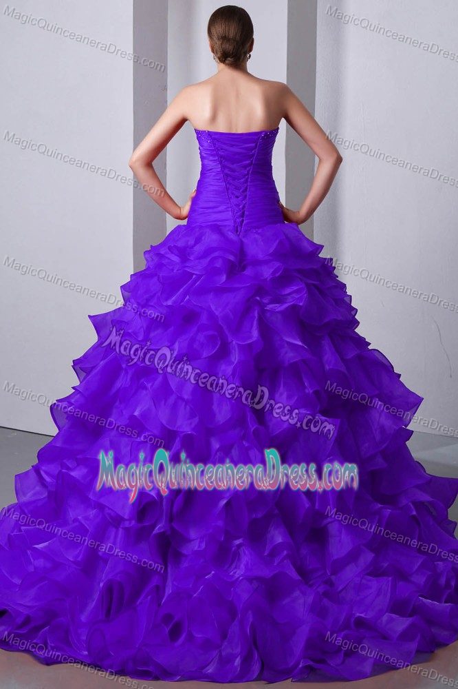Purple Sweetheart Organza Beaded Ruffled Quinceanea Dress with Brush Train