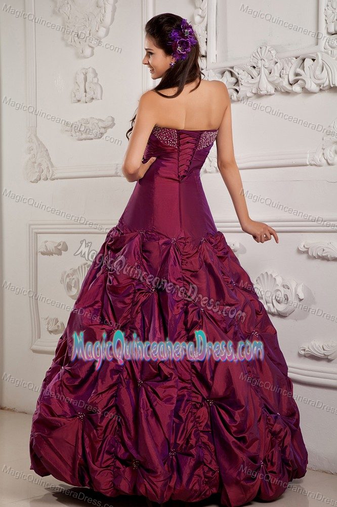 Wine Red Strapless Taffeta Beaded Embroidered Quinceanera Dress in Dallas