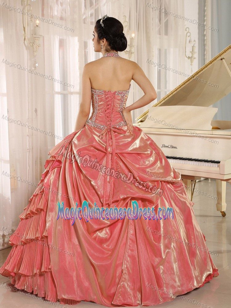 Halter Orange Pleated Quinceanera Dress with Beading in Chattanooga TN
