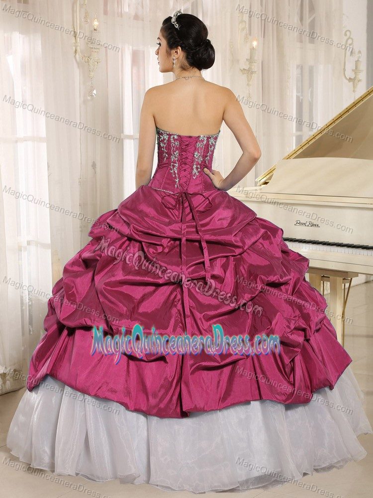 Fuchsia and White Embroided Quinceanera Dress with Pick-ups in Tigard OR