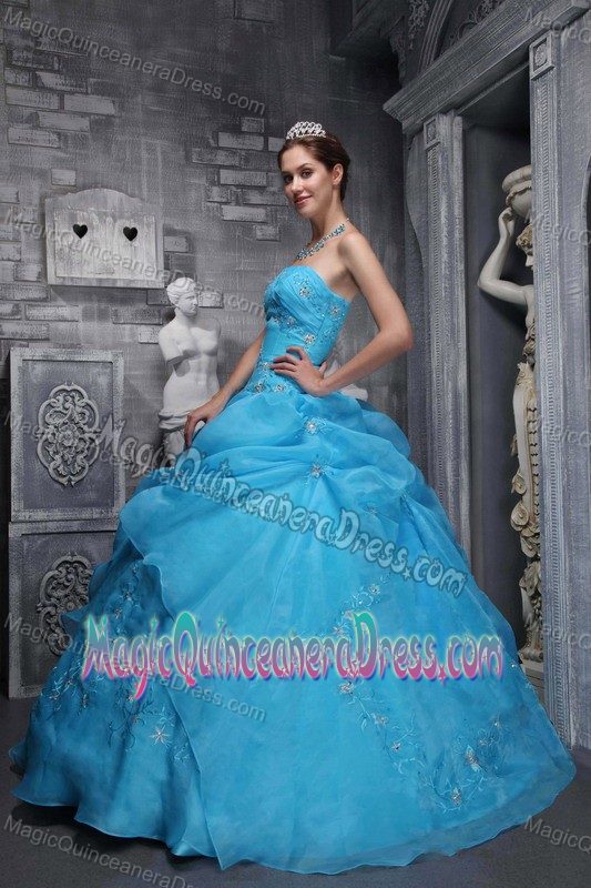 Strapless Aqua Blue Full-length Quinces Dresses with Embroidery in Elmira