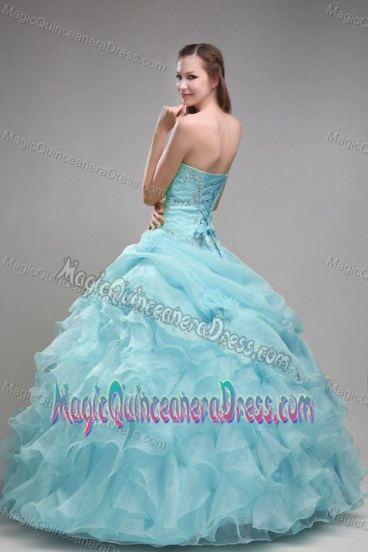 Cute Light Blue Beaded Strapless Full-length Dress for Quinces with Ruffles