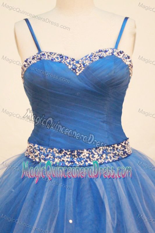 Riohacha Colombia Strap Tulle Blue Ruched and Beaded Quinceanera Dress