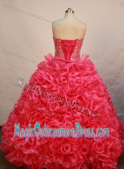 Strapless Red Quinceanera Dress in Abancay Peru with Ruffles and Beading