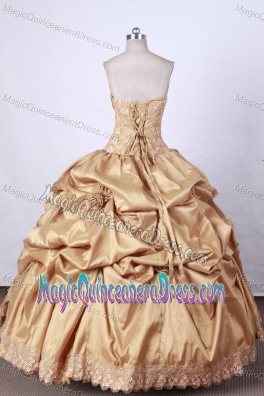Gold Strapless Appliques and Pick-ups Quinceanera Dress in Santos Brazil
