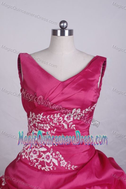 Hot Pink V-Neck Appliques Pick-ups Quince Dress in Ixtapaluca Mexico