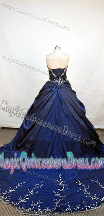 Strapless Chapel Appliques with Beading Quinceanera Dress in Navy Blue