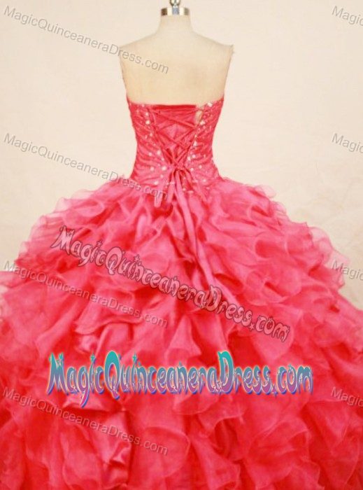 Ruffles Sweetheart Beaded Coral Red Quince Dress in Manzanillo Mexico