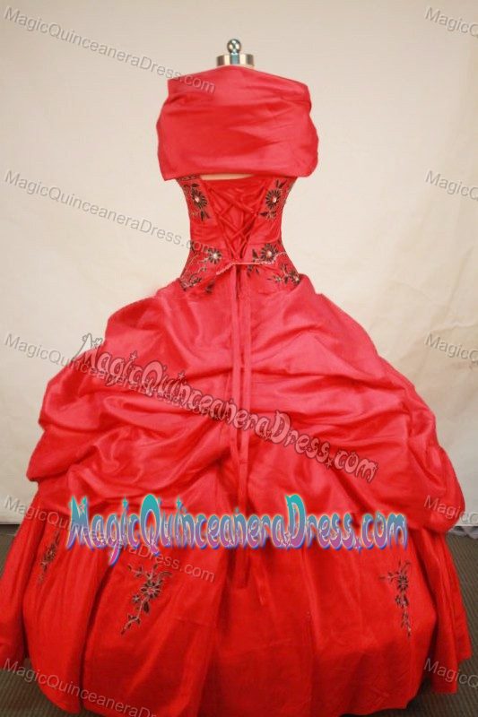 Embroidery Strapless Red Quinceanera Dress in San Pedro Cholula Mexico