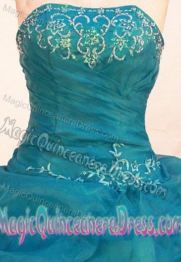 Teal Strapless Ruffles Quince Dress in Morelia Mexico with Embroidery
