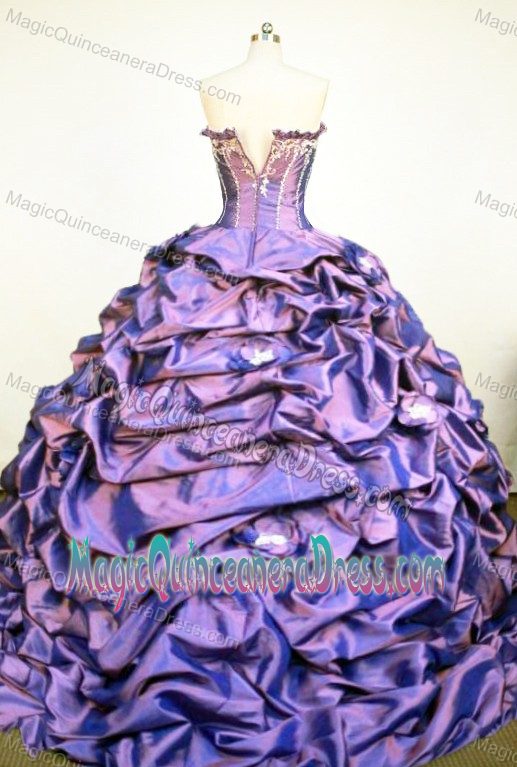 Handmade Flowers Appliques Strapless Purple Taffeta Quinceanera Gown