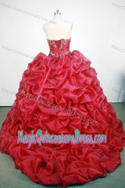 Affordable Beaded Strapless Appliques Pick Up Red Quinceanera Dress