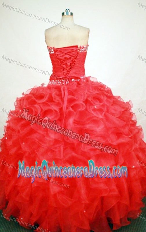 Ruffled Sweetheart Beading Organza Red Quinceanera Gown Dresses