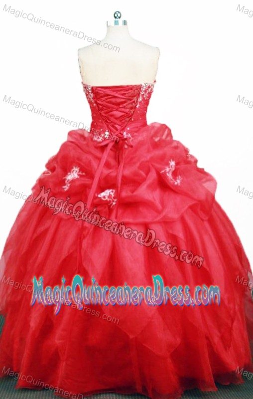 Sweetheart Appliques Ruched Pick Ups Red Organza Quinceanera Gown
