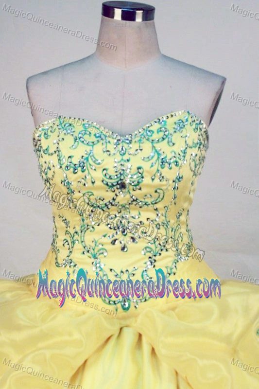 Yellow Appliques Sweetheart Pick Ups Sweet Sixteen Quinceanera Gown