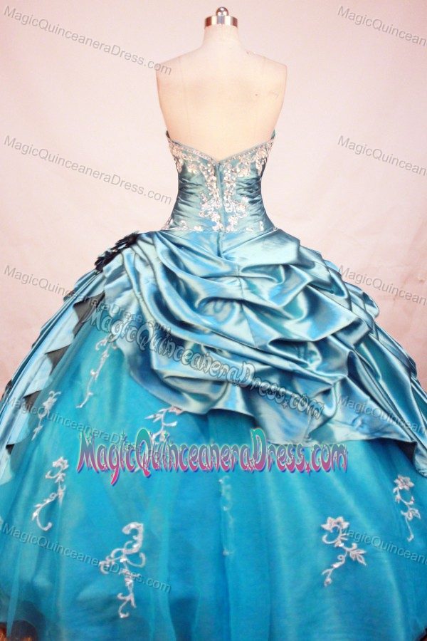 Blue Strapless Appliques Beading Floor-Length Taffeta Quince Gowns