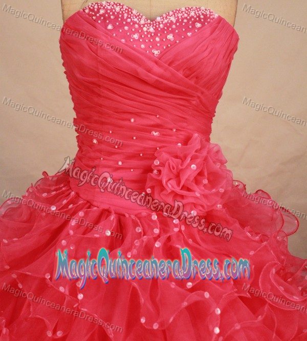 Scatter Beading Sweetheart Ruched Ruffles Watermelon Dress for Quince