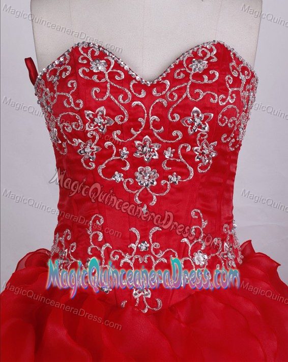 Sweetheart Beading Layers Red Organza Lace Up Quinceanera Gowns