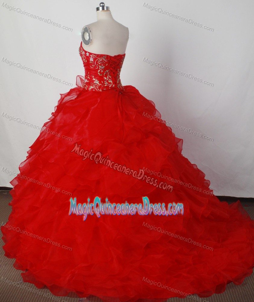Red Strapless Appliques Ruffled Organza Brush Train Quinceanera Dress