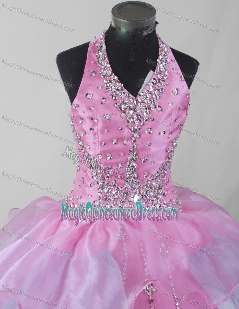 Kgiswil Switzerland Halter Beading Layers Pink Dresses for Quinceanera