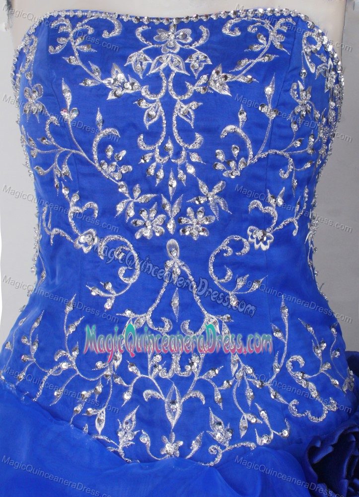 Spring Strapless Flowers Appliques Organza Blue Quinceanera Dresses