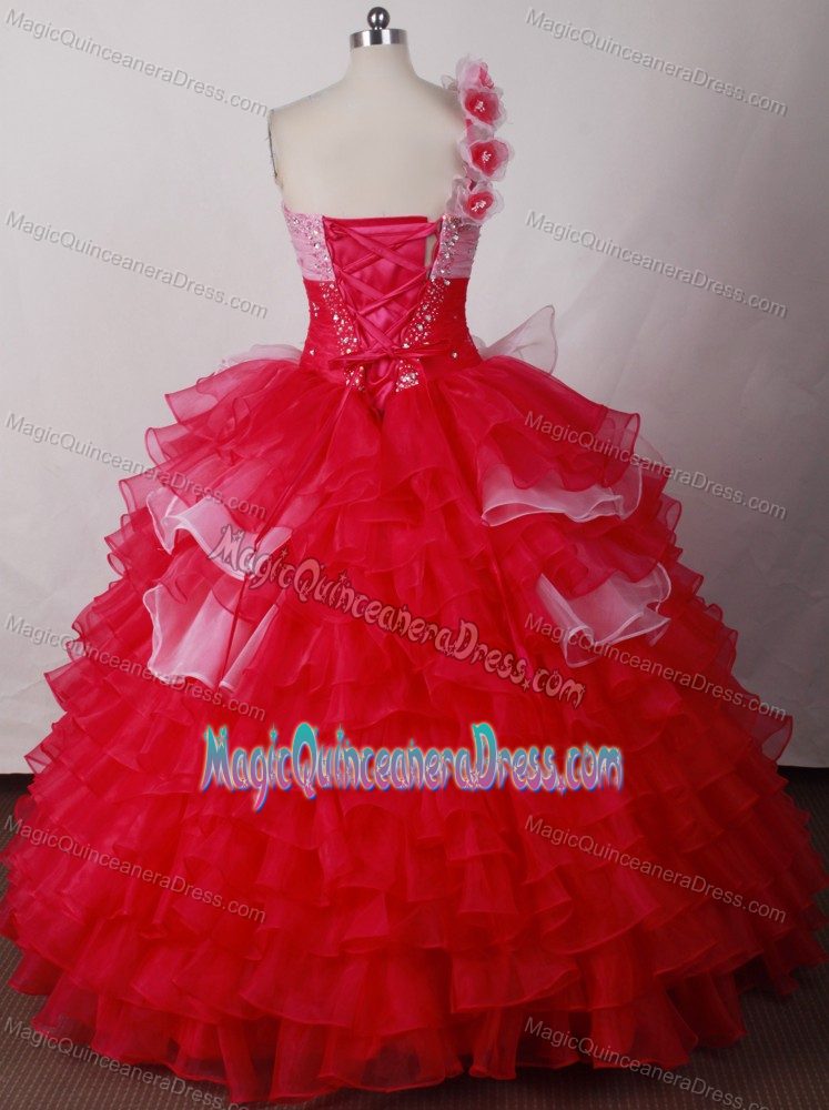One Shoulder Handmade Flower Ruched Ruffles Layers Sweet 16 Dresses