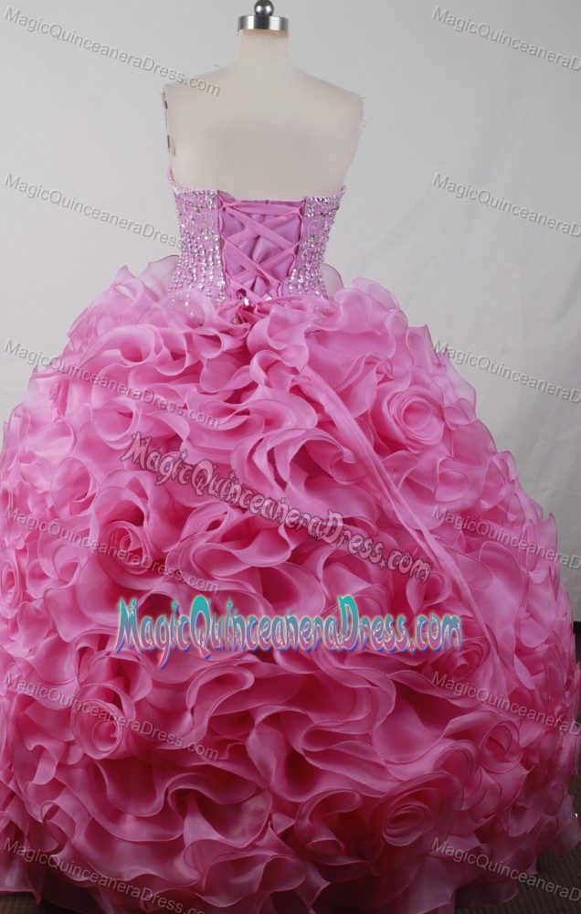 Ruffles Strapless Beading Dropped Waist Organza Pink Quinces Dresses