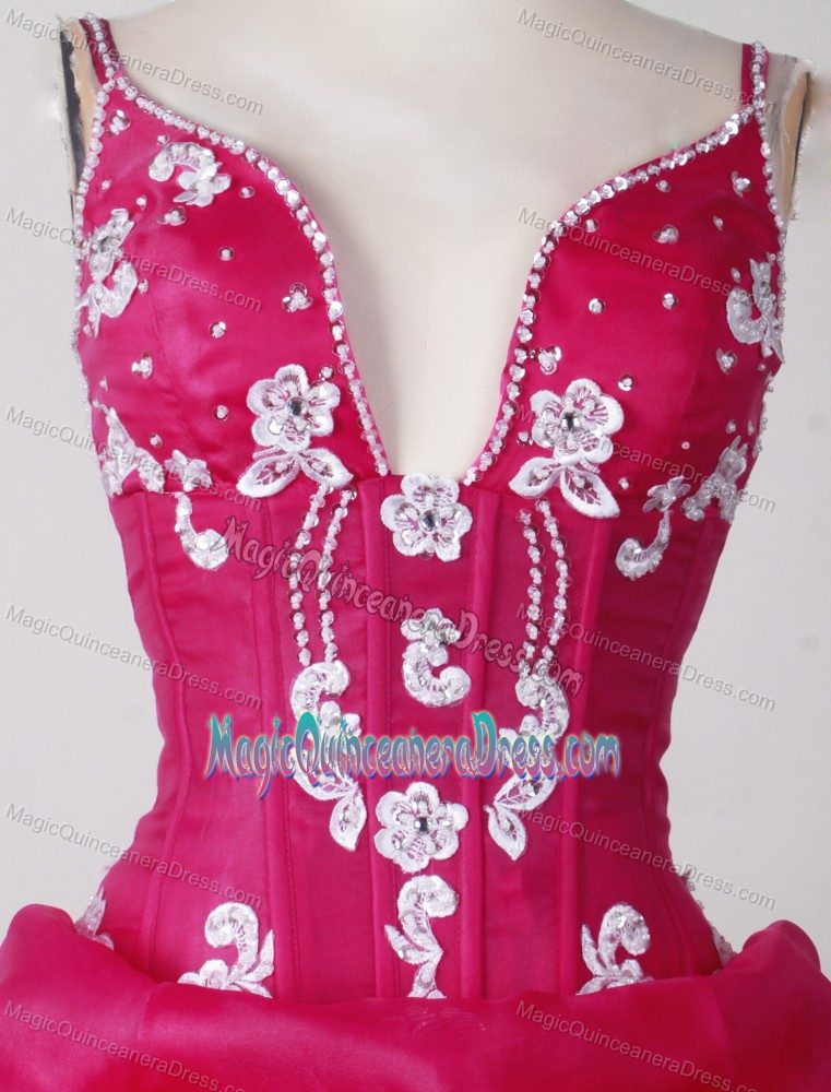 Sexy Straps Pick Ups Appliques Hot Pink Quinceanera Gown Dresses