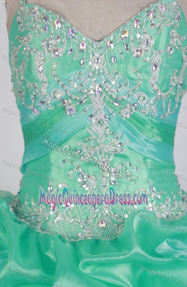 Teal Straps Applique Pick Up Lace Up Back Sweet Dress for Quinceanera