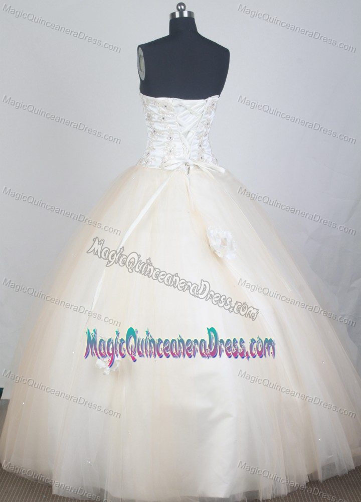 Champagne Flowers Strapless Floor-length Quinceanera Gown Dresses