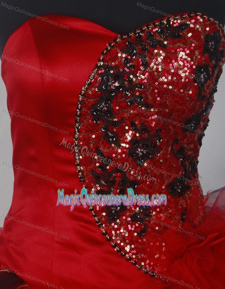 Lace Up Sweetheart Ruffles Red and Black Organza Quinceaneras Dress