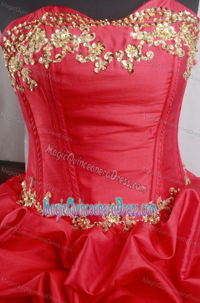 Court Train Sweetheart Beads Pick Ups Red and Gold Quinceanera Gown