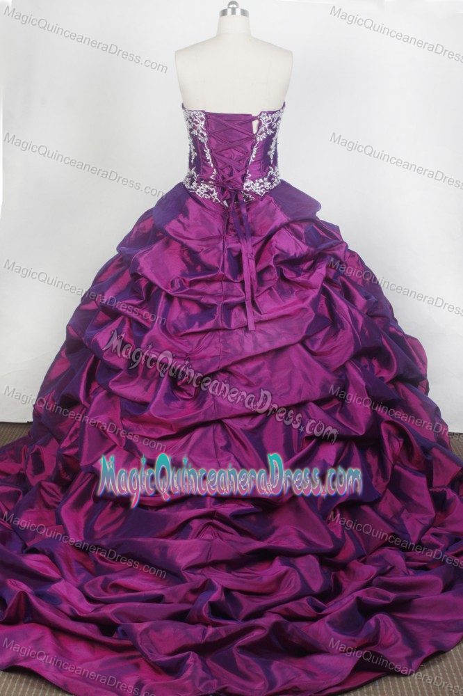 Brush Train Sweetheart Pick Ups Appliques Purple Quinceanera Dresses