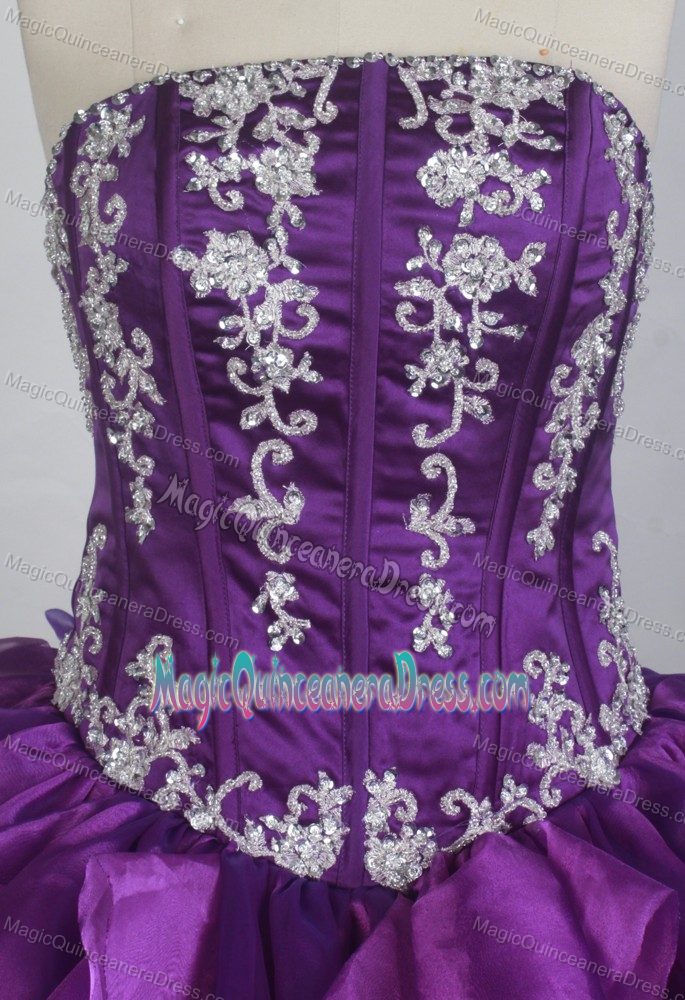 Purple Layers Ruffled Strapless Appliques Lace Up Back Sweet 16 Dress