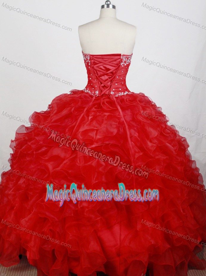 Red Sweetheart Appliques Ruffles Organza Floor-length Dress for Quince